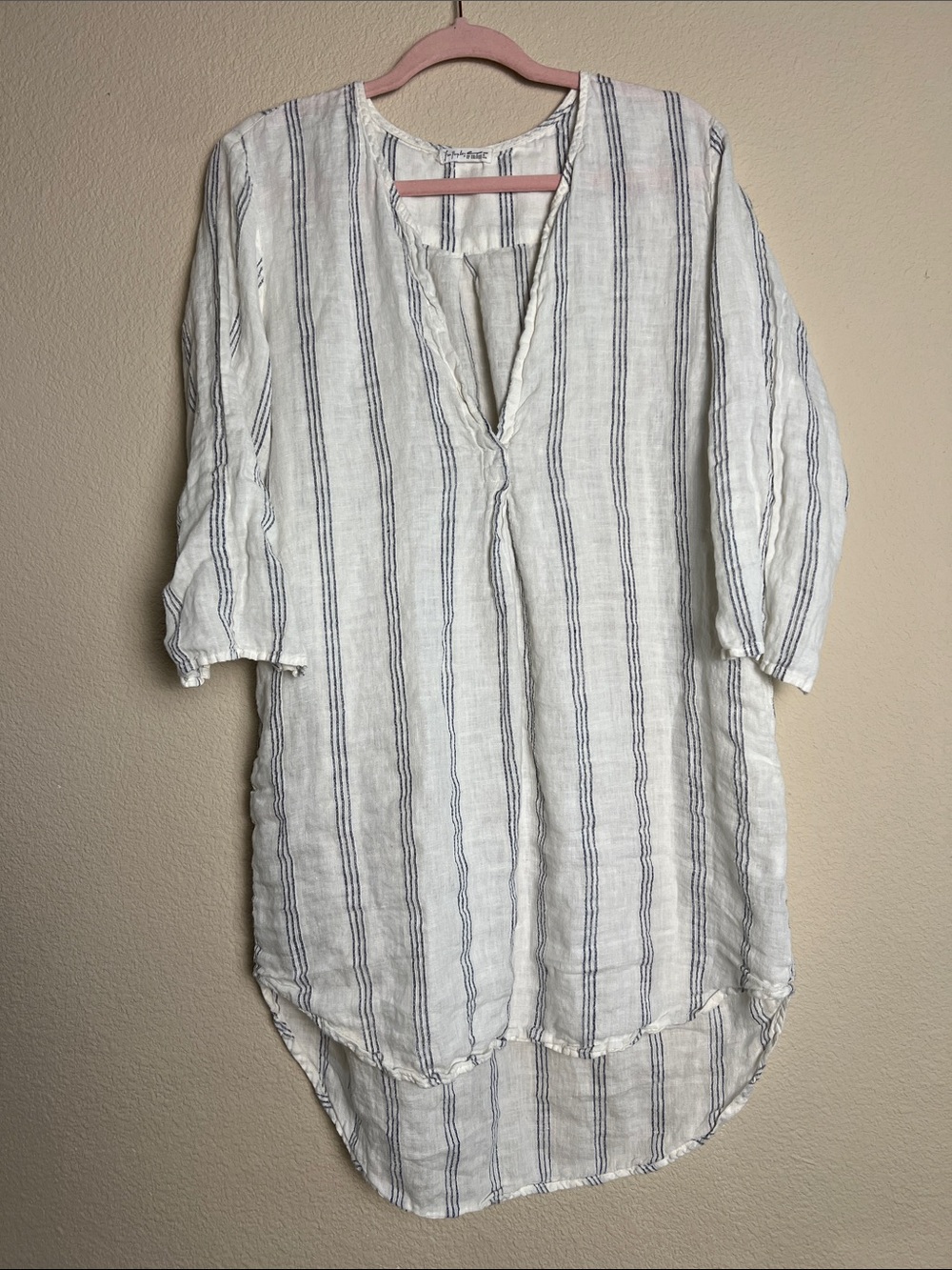 Free People CP Shades 100% Linen White Tunic with Blue Vertical Stripes